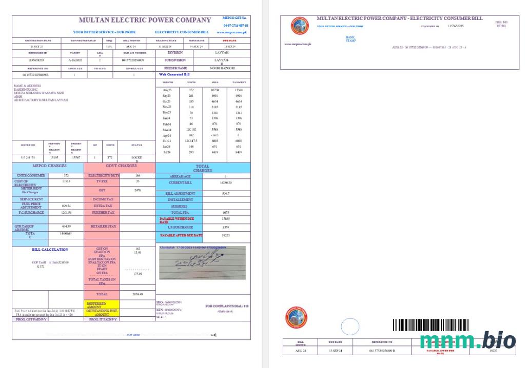 PAKISTAN MULTAN ELECTRIC POWER rachunek za usługi komunalne Word i szablon PDF, Wersja 2
